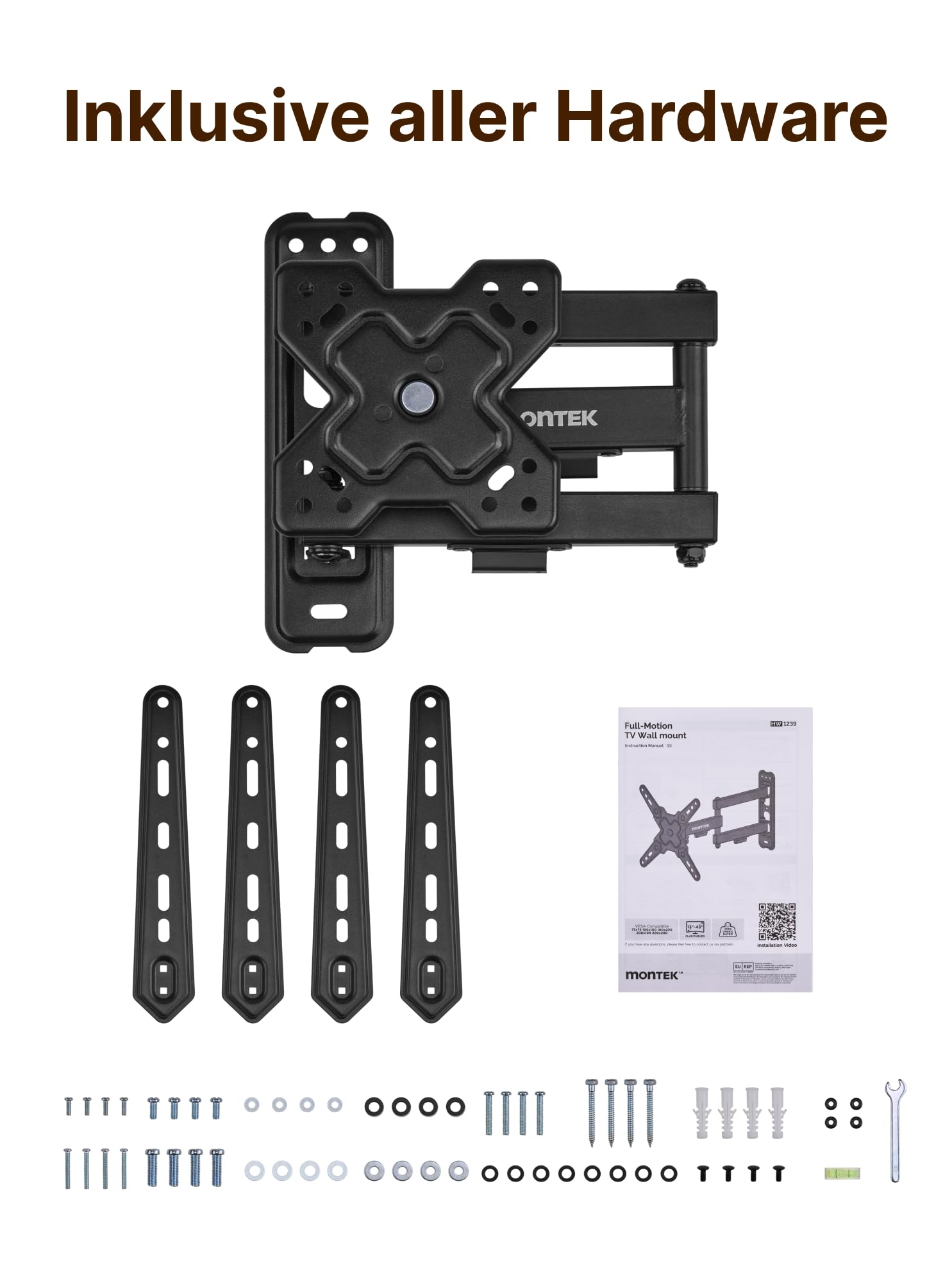 monTEK Supporto da parete per televisori piatti e curvi da 13-55 pollici o monitor fino a 25 kg, orientabile a 180° e girevole a 95°, supporto TV inclinabile, supporto universale da parete per TV, max