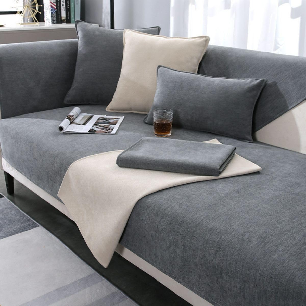 BOLUXIU Anti Slip Sofa Cover, L Shape Couch Stain-Resistant Protector, Cat & Dog Scratch Guard