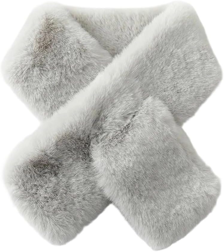 Women's Rabbit Fur Small Perforated Warm Neck Wrap Soft Fuzzy Animal Hair Cold Weather Accessory Scarves Gray