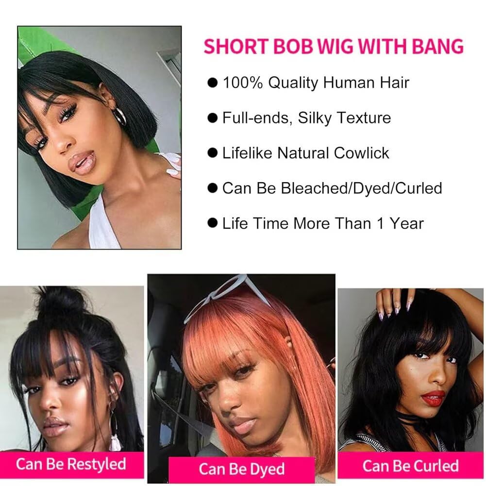 Vanmast Parrucche Per Capelli Umani Hmuan Hair Wig With Bangs Straight Bob Wig for Women Brazilian Virgin Glueless Wigs Human Hair None Lace Front Wigs Parrucche Ricci Nera Con Frangia 12 inch