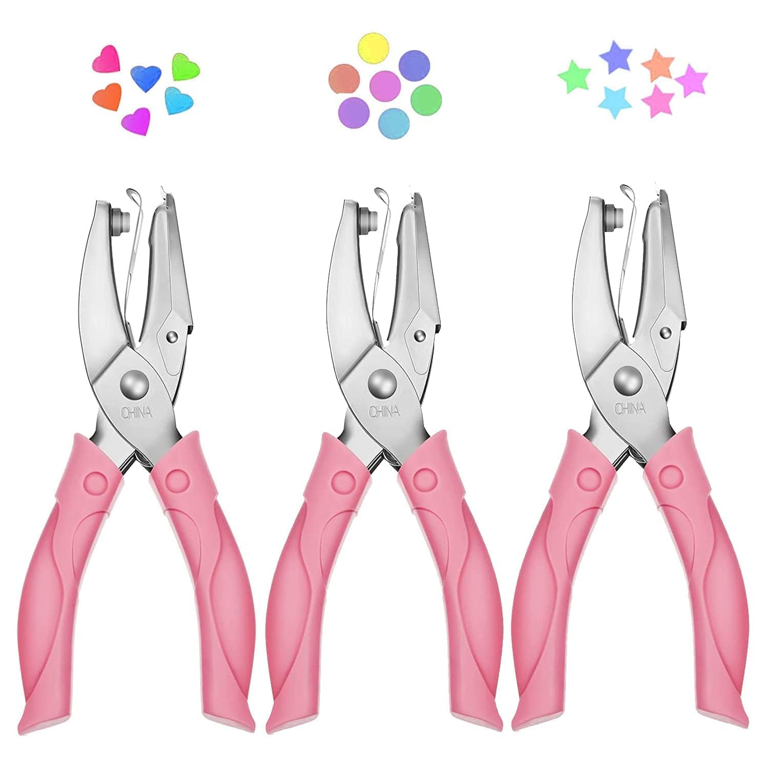 3 Pcs Hole Punch,BetterJonny Handheld Metal Single Hole Paper Punch Round Star Shape with Soft Grip Hand Punch Round Hole for Piercing Mount DIY Tools Process Scrap Label