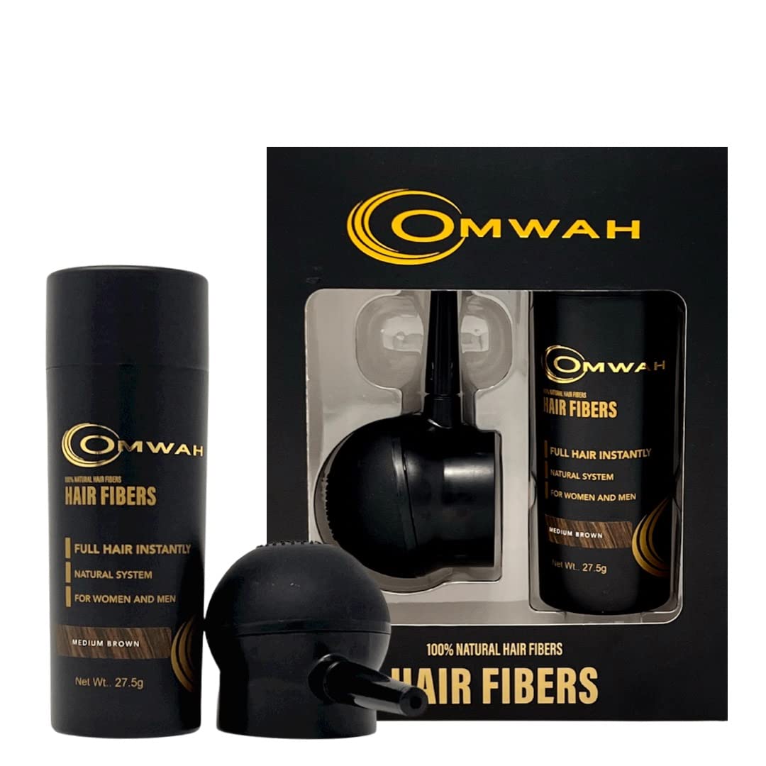 OMWAHNatural Hair Fiber 2-in-1 Kit With Natural & Undetectable Natural Hair Thickening Fibers & Spray Applicator Pump Nozzle, Instant Thicker Hair (Medium Brown)