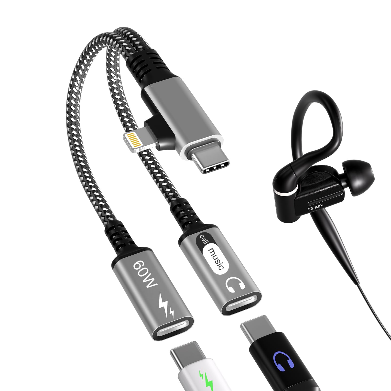 Dual USB C Kopfhörer und Ladegerät, 2 in 2 Typ C und Lightning Splitter mit PD 60W Ladegerät, Dual USB C Splitter Audio und Aufladen für iPhone 16 15 14 13, Galaxy, iPad, Unterstützung Anrufe