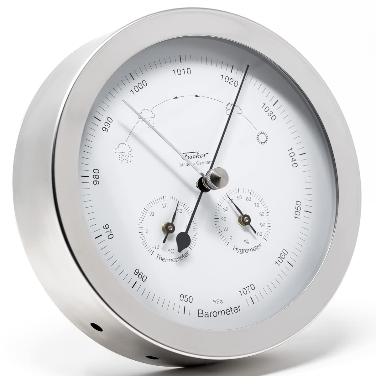Fischer 1602-01 Außen-Wetterstation, Glas, Edelstahl, Polymeter | Thermometer, Barometer, Hygrometer, weißes Ziffernblatt, Messbereich 20-100 % r. F., 160mm Durchmesser, Made in Germany