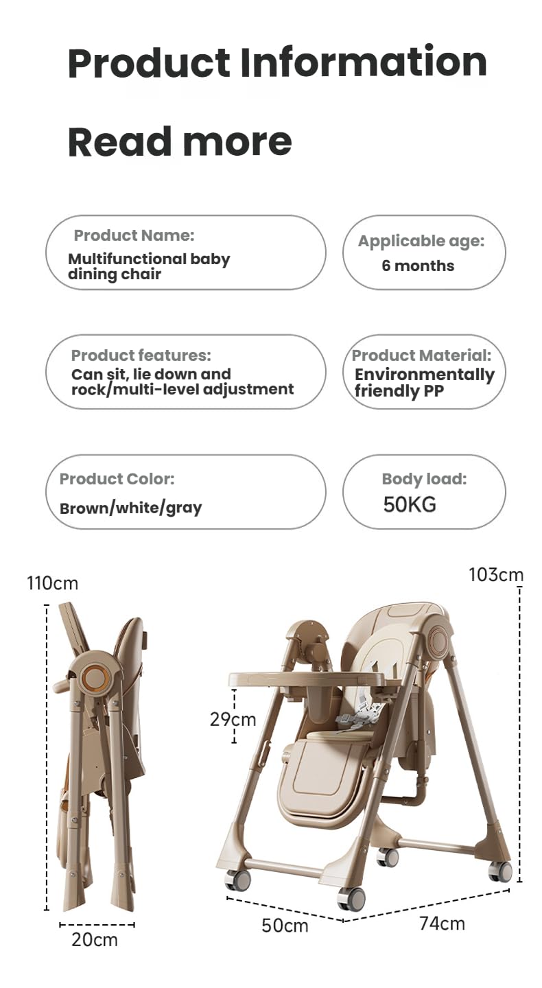 PU Leather Baby High Chair with Swing Function for Babies and Toddlers, Foldable Baby Eating Chair with Adjustable Backrests and Heights, Convertible Highchairs with Wheels (X8121 Khaki)