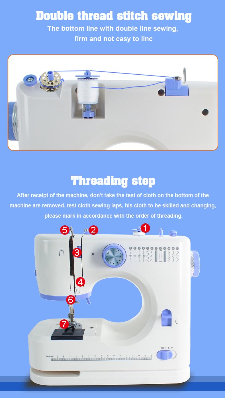 Máquina de coser para principiantes, mini máquina de coser eléctrica portátil pequeña con 50 piezas de tela y 32 piezas de hilo de coser, 12 puntadas integradas, 2 velocidades con pedal de pie (azul)