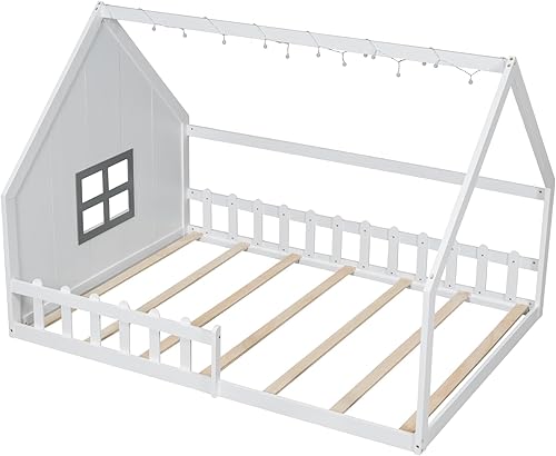 Miniatura 41 de Merax Cama de madera de tamaño completo con ventana y valla, marco de cama matrimonial para adolescentes, niños y niñas, gris