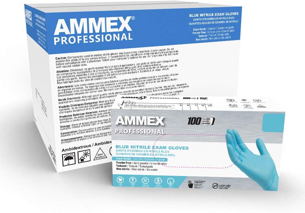 AMMEX Blue Nitrile Disposable Exam-Grade Gloves, 3 Mil, Latex & Powder Free, Food-Safe, Lightly-Textured, Non-Sterile