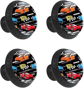 4 Pcs Cabinet Drawer Knobs Racing Car Decorative Round Crystal Glass Furniture Drawer Handles Dresser Cupboard Pulls with Screws for Home Kitchen Office Bathroom Wardrobe