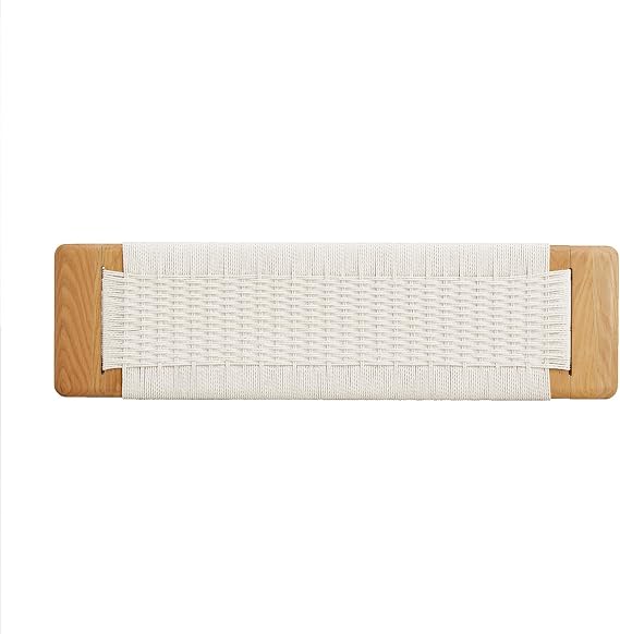 Natural Oak Wood Dining Bench, Hand Woven Bench Surface Design, for Entryway, Bedroom, Living Room, Kitchen Room, Bathroom (White)