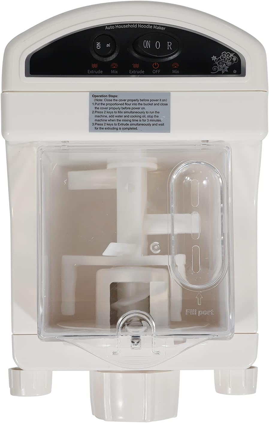Exploded view of DENEST Automatic Pasta Maker components including host, fabric bucket, transparent lid, face mold, nuts, noodle stick, stir and noodle stick.