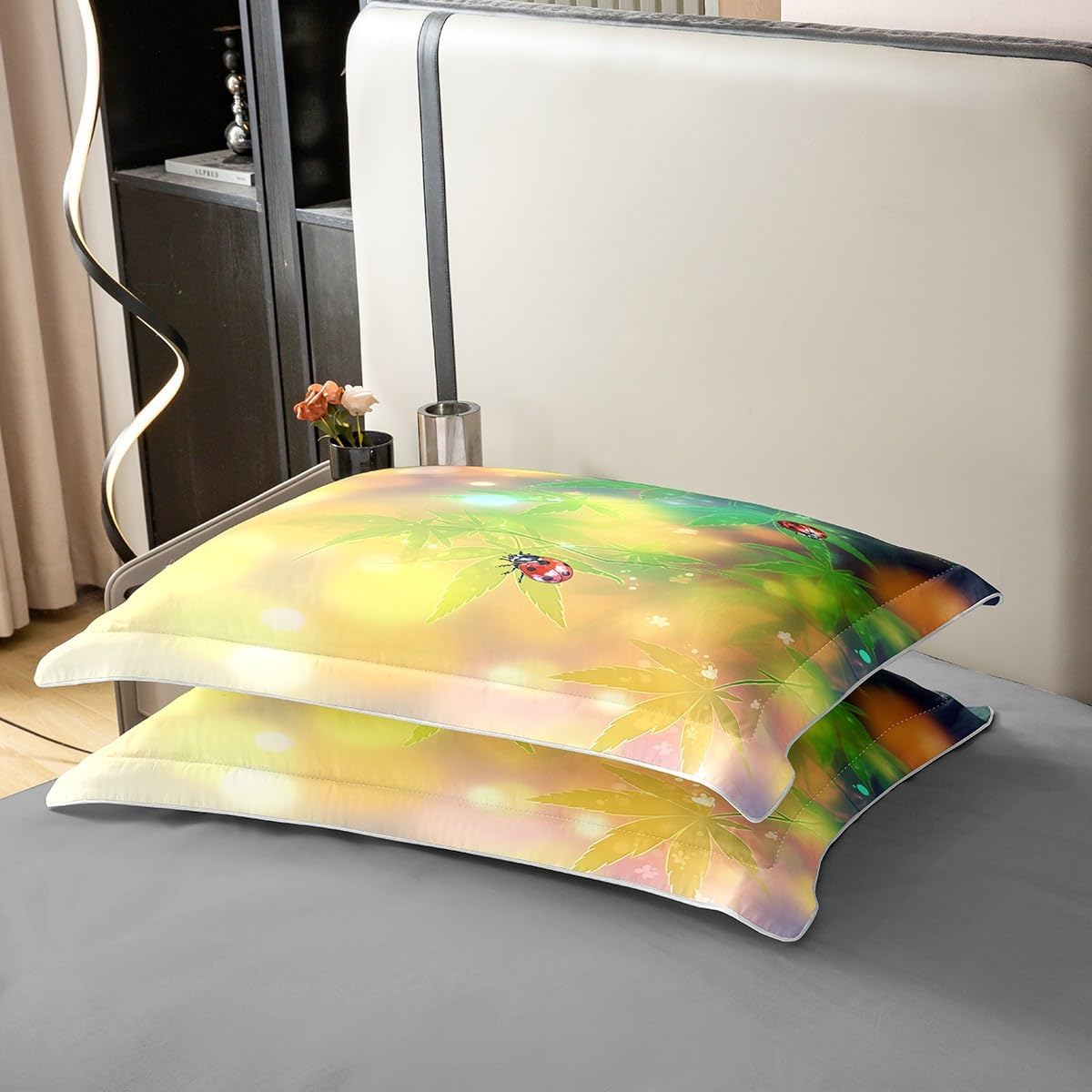 100% Cotton Spring Ladybug Duvet Cover Full Size,Green Maple Leaves Botanical Plants Comforter Cover (Not Comforter),Rustic Jungle Theme Watercolor Tie Dye Super Soft Bedding Bedroom Decor