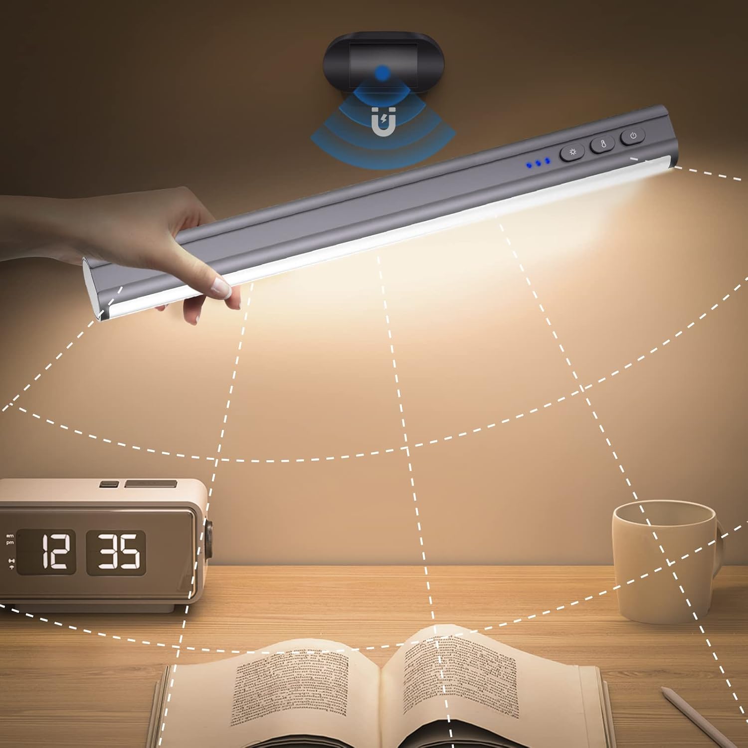 Rocoren Cordless Under Cabinet Lighting, Magnetic Closet Light, 5W Desk Lamp, Dimmable, Button Control, Adjustable Color Temperature/Brightness, Rechargeable USB-C Powered Cabinet Lights (Gray)
