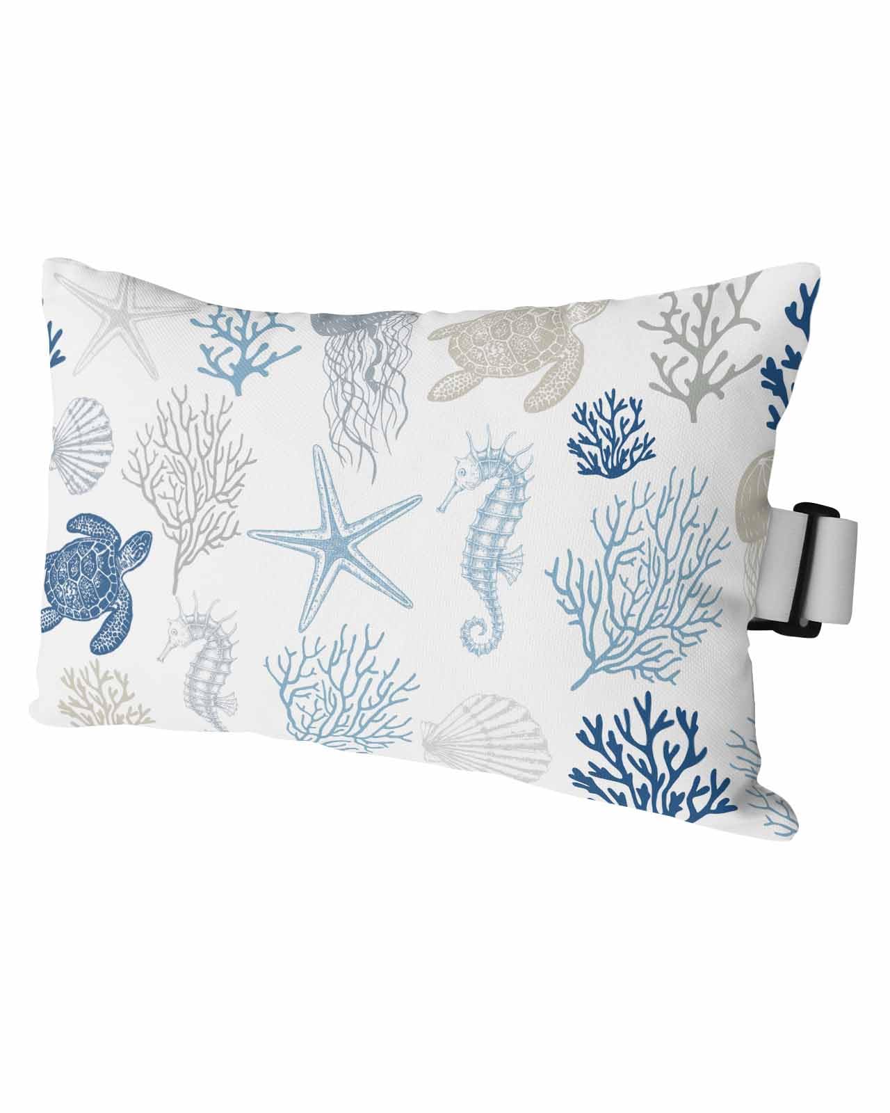 Outdoor Pillows Covers with Inserts Summer Ocean Creature Sea Turtle Coral and Shell Dark Blue Waterproof Pillow with Adjustable Strap Throw Pillows for Patio Furniture Lounge Chair, 11x16 Inch, 1PCS
