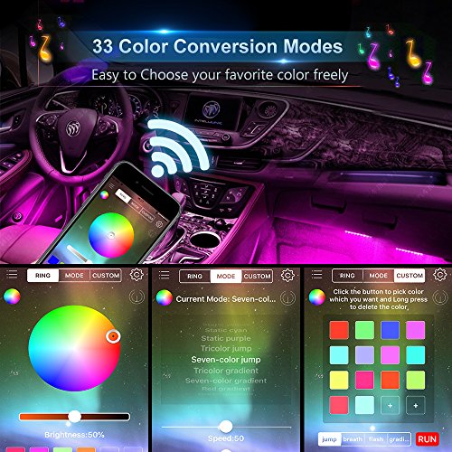 Car LED Strip Lights, Wsiiroon 4pcs 48 LED Bluetooth App Controller Interior Lights Multi Color Music Car Strip Light Under Dash Lighting Kit with Sound Active Function for iPhone Android Smart Phone - Thumbnail 6