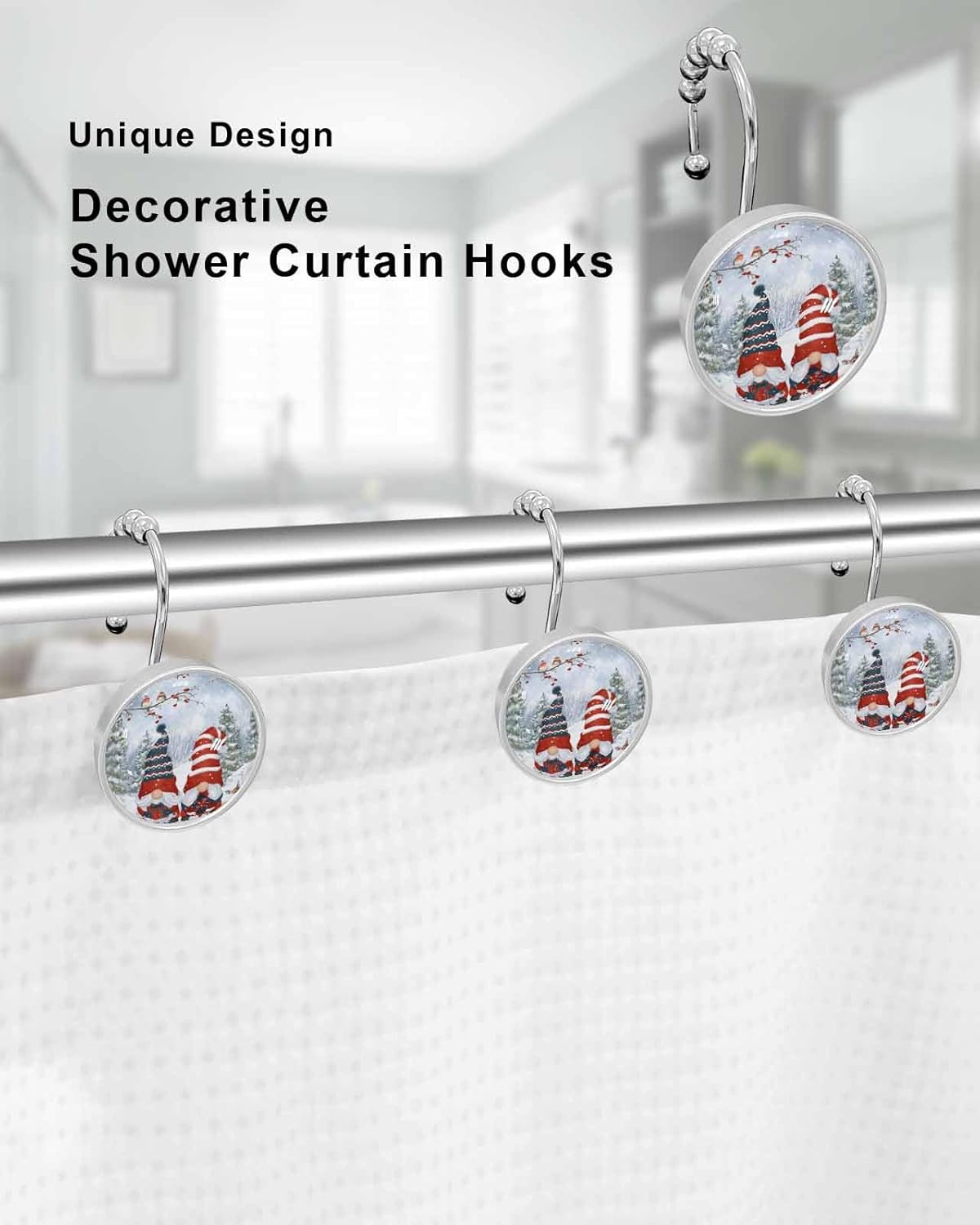 Shower Curtain Hooks 12 Pcs Christmas Xmas Tree Gnome Deers Bird Snowflake Stainless Steel Rust Proof Rolling Shower Curtain Rings, Decorative Shower Curtain Hooks Hangers for Bathroom