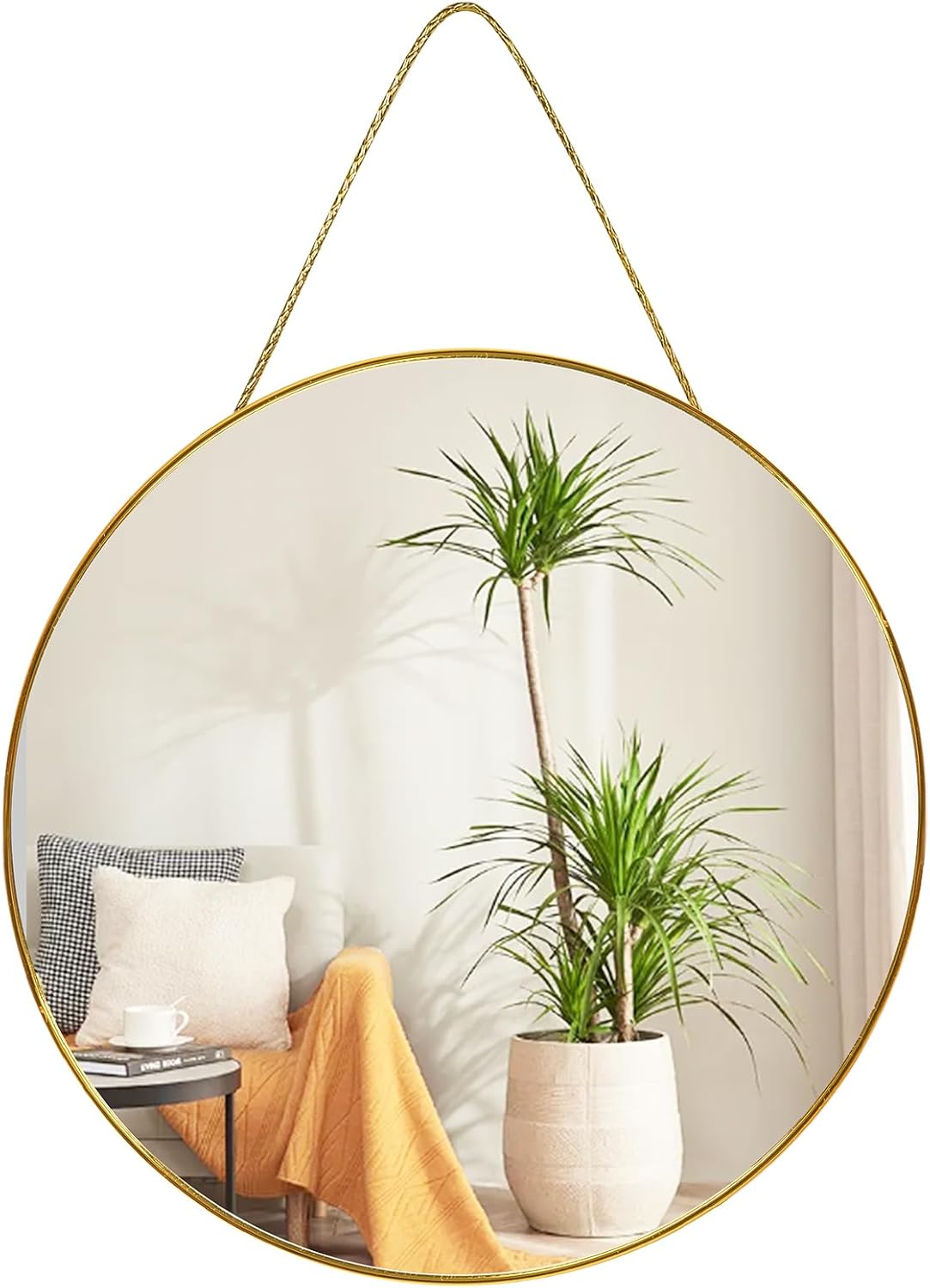 15.5IN Round Mirror, Rope Hanging Mirror, Decorative Wall Mirror with Hanging Chain for Bedroom, Bathroom, Living Room, Dresser (Gold)