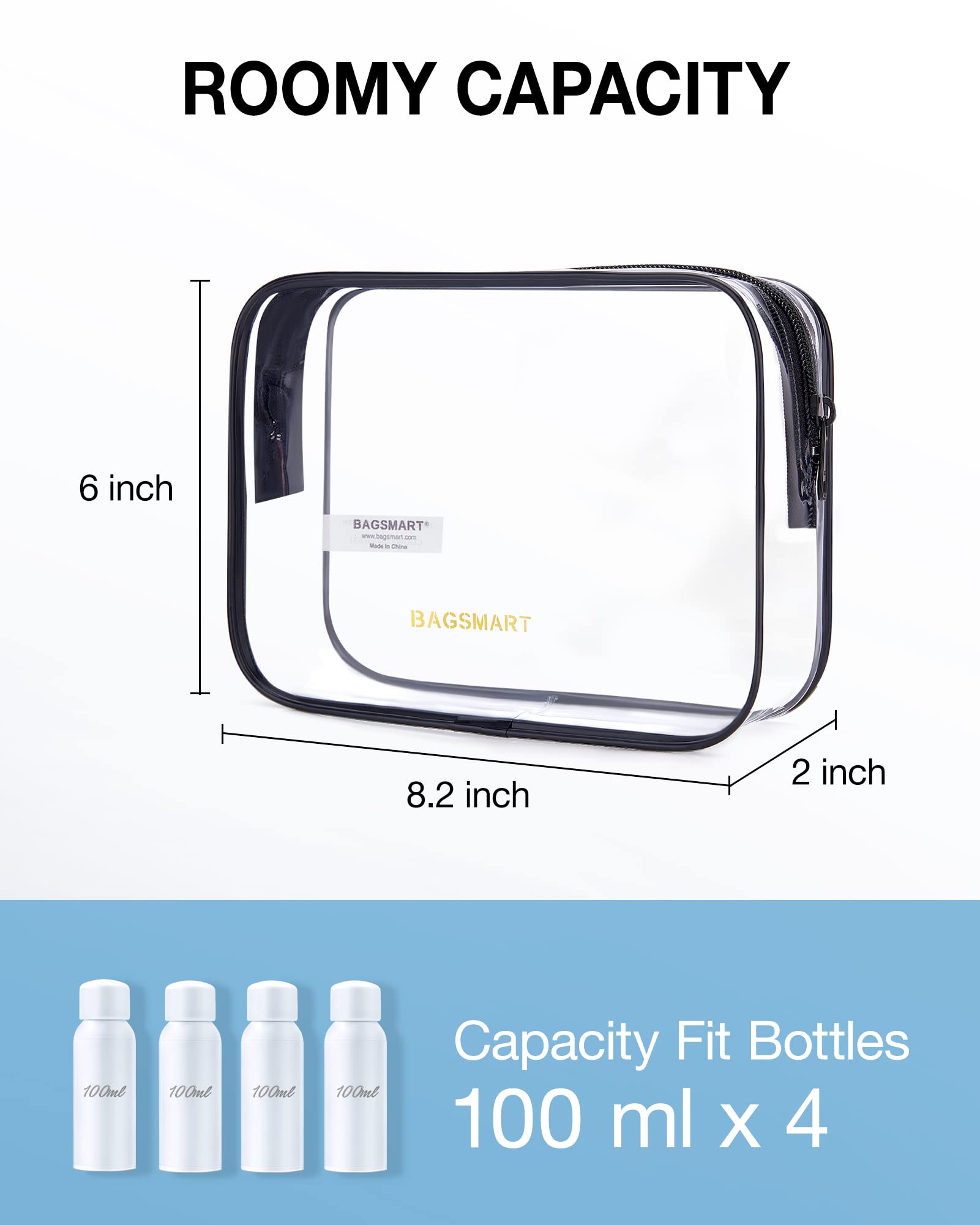 BAGSMART Clear Toiletry Bag, 3 Pack TSA Approved Travel Toiletry bag Carry on Travel Accessories Bag Airport Airline Quart Size Bags Water Repellent Makeup Cosmetic Bag for Women