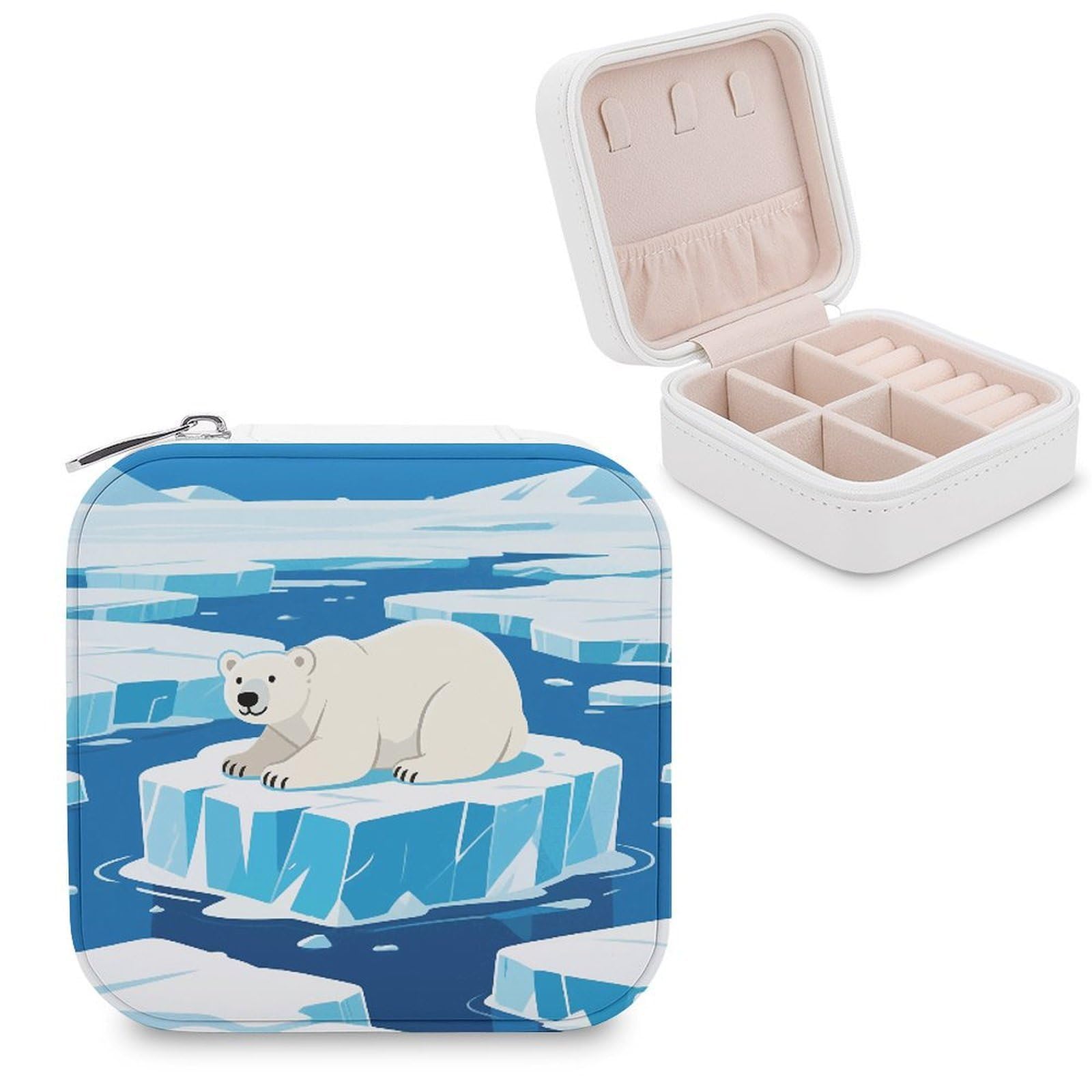 VstaDank Polar Bears Jewelry Box for Women Jewelry Organizer Storage Case with Zipper Mini Travel Jewelry Case Cute Trinket Organizer Leather Portable Jewelry Storage Box