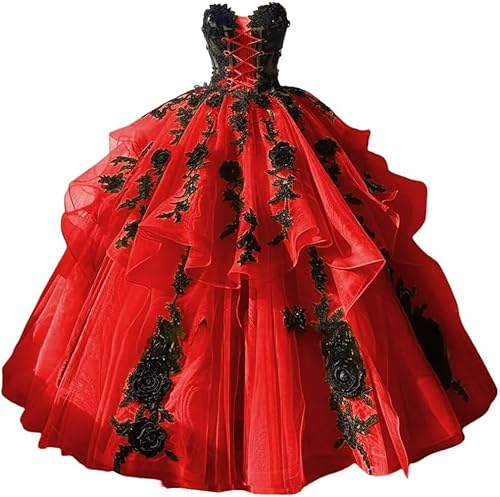 Fuomomo Gothic Quinceanera-Kleider mit Tüll und schwarzer Blumenspitze Bohemian Off the Shoulder Brautkleider für Quinceaneras und Quinceaneras MT048
