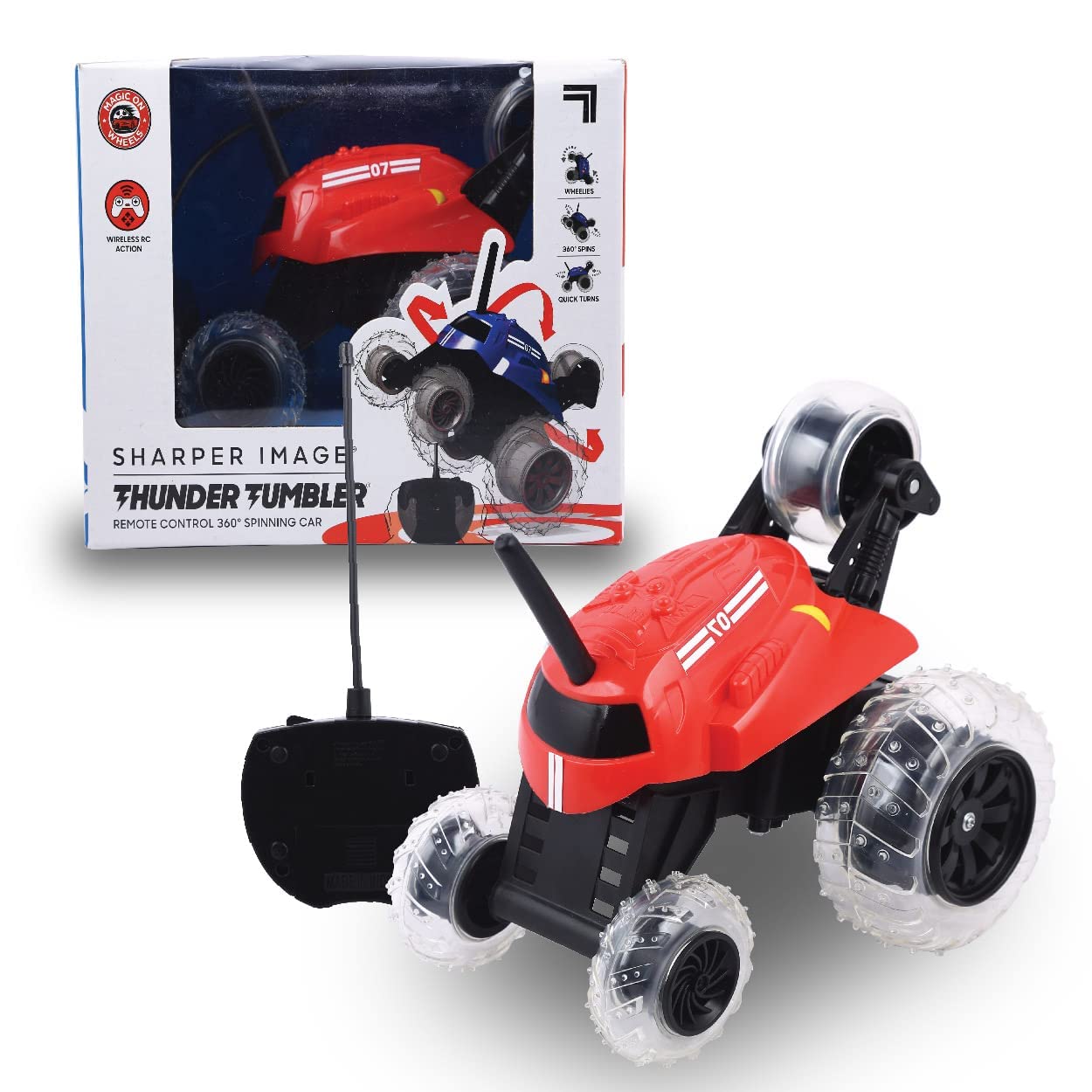 Sharper Image Thunder Tumbler Stunt Wireless Remote Controlled Car|360° Rotating|High Speed Off Road|Top Brand in USA|Red Color RC Car for Kids 6 Years+|Birthday Gift|Outdoor All Terrain|Made In India