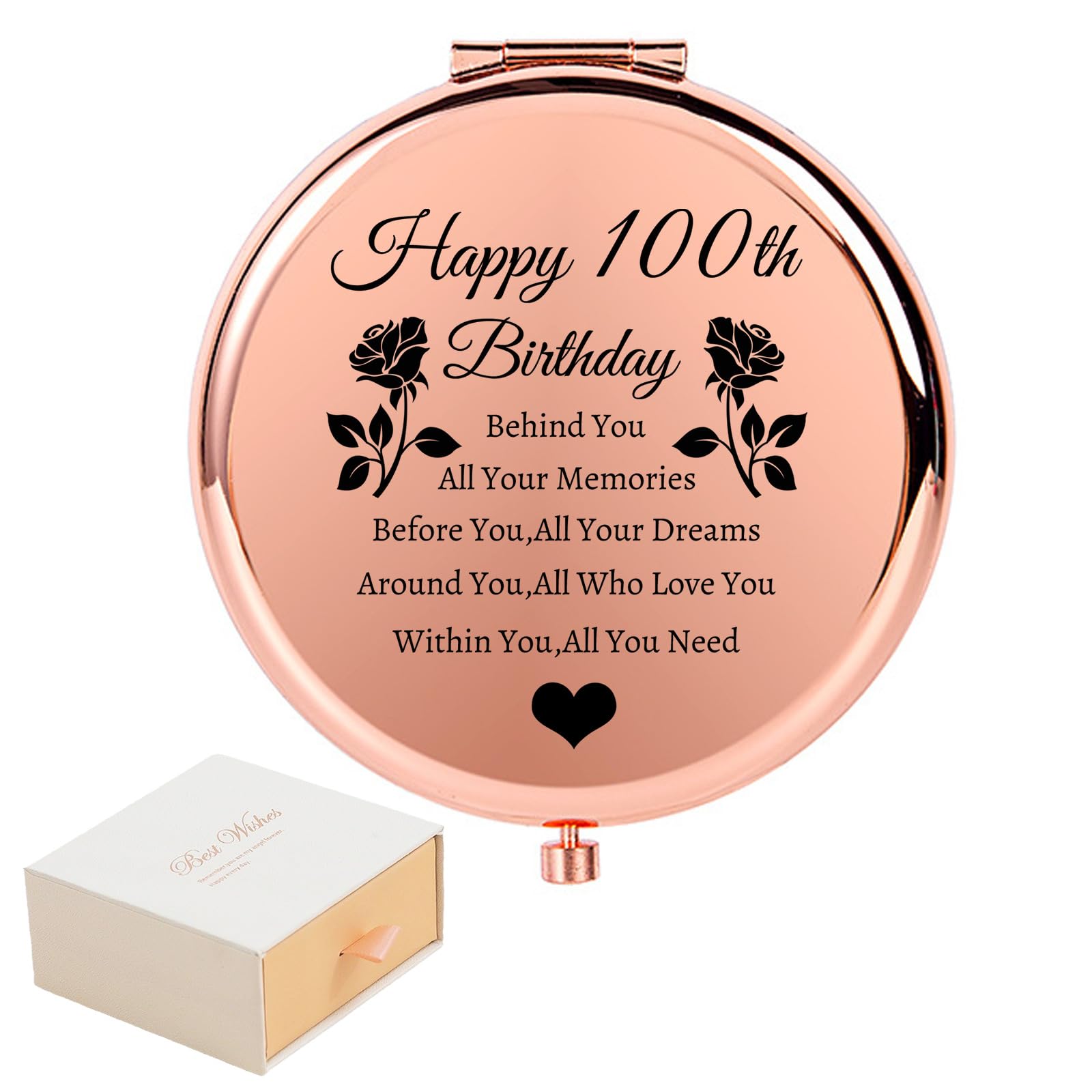 JOUWUI 100th Birthday Gifts for Women - Compact Pocket Makeup Mirror, Travel Gifts for Her, 100 Years Old Folding Makeup Mirror for Mum, Aunt, Grandma, Wife, Sister, Best Friend