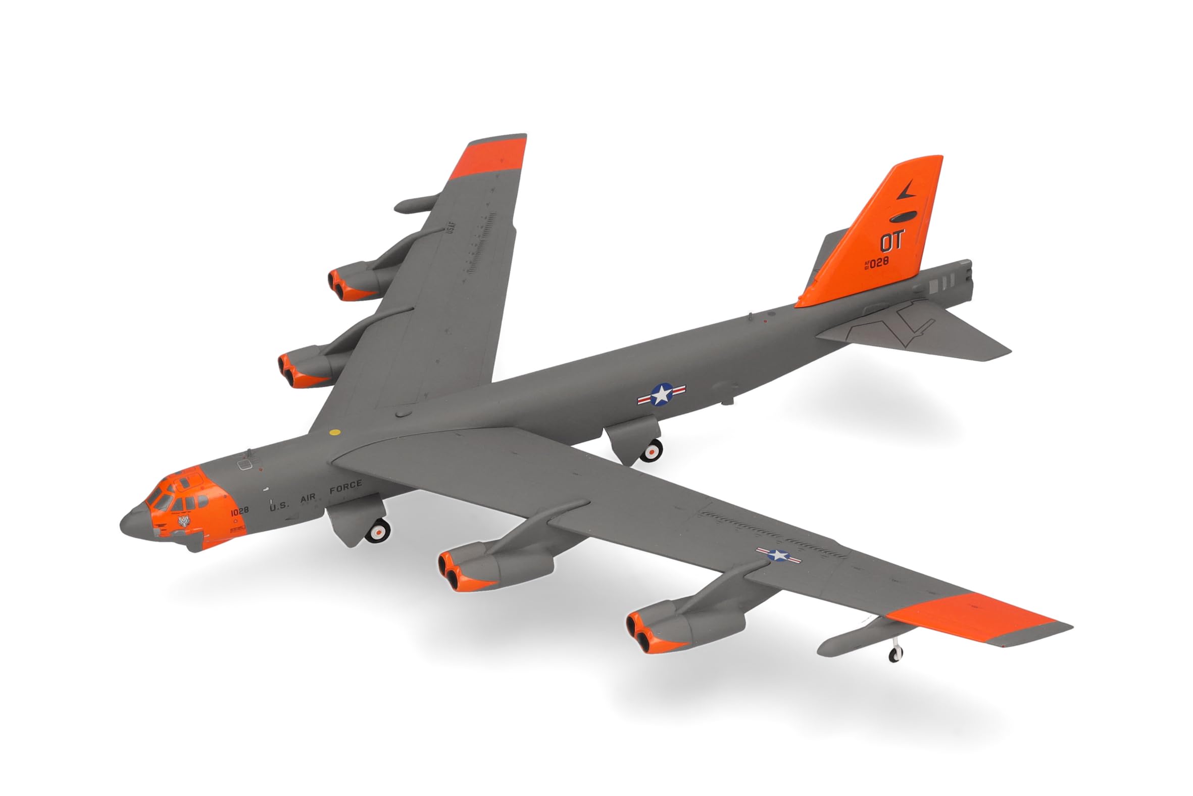 Herpa Modellflugzeug U.S. Air Force Boeing B-52H Stratofortress - 49th Test and Evaluation SQN - Test orange Livery, Miniatur im Maßstab 1:200, Sammlerstück, Flugzeug Modell mit Standfuß, Metall