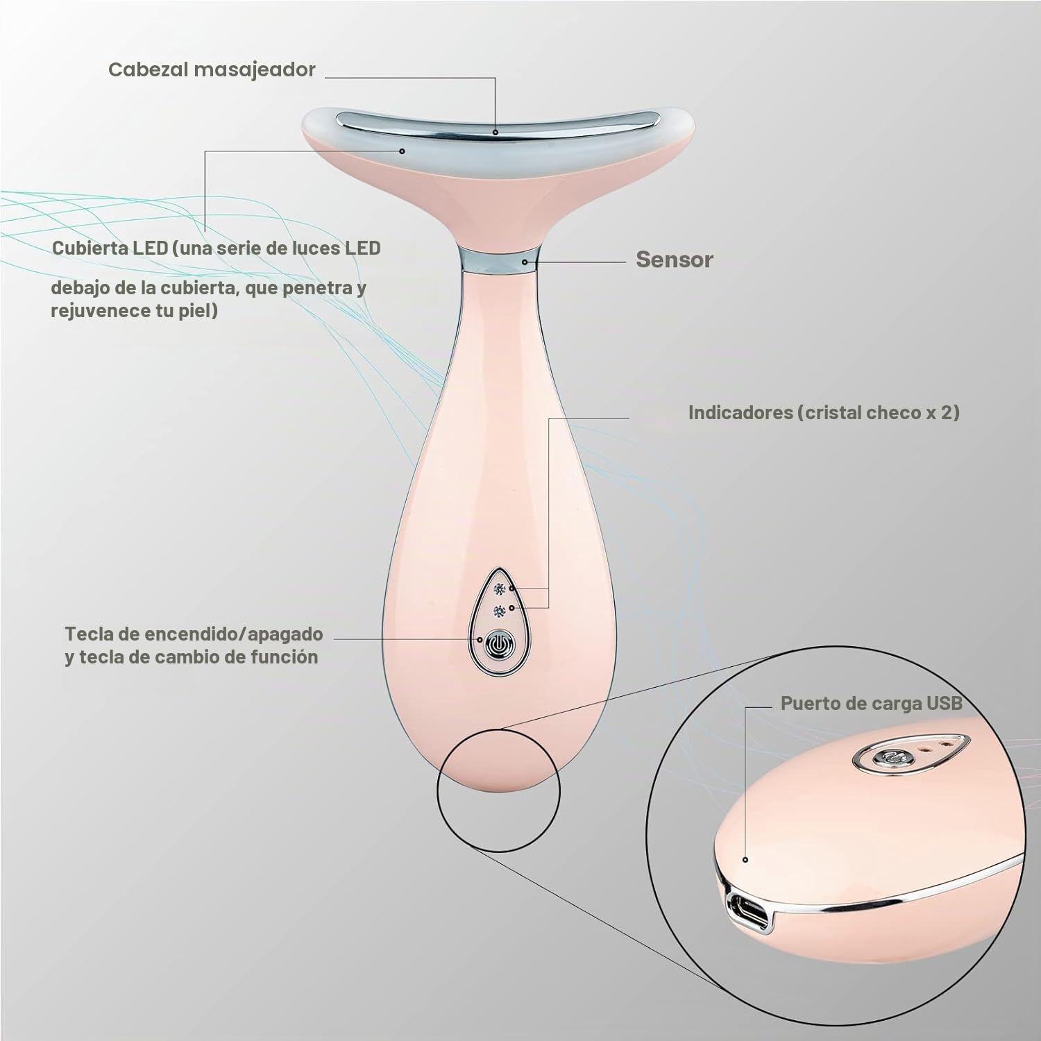 VRAIKO Lily Masajeador de Cuello y Rostro, Herramienta de Esculpido Facial, Rejuvenecimiento con Calor, LED Triple Acción y Vibración, Anti-Edad, Lifting y Tensado (Rosa)