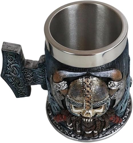 Miniatura 4 de Ebros Gift Mitología nórdica gótica vikinga cráneo Ragnar Danegeld Warrior con casco de cuernos taza de café con martillo runa mango de nudos, taza