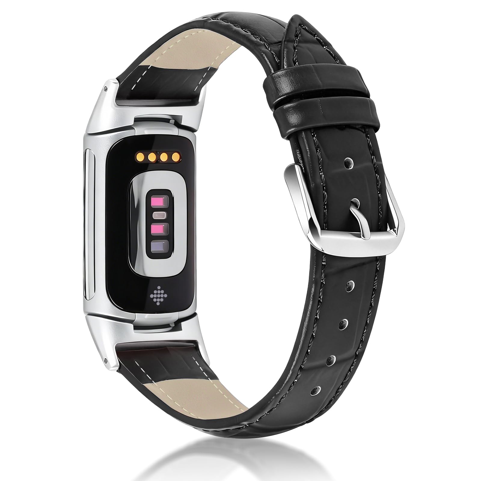 Mornex Classic Leather Watch Bands for Women Men Compatible with Fitbit Charge 5/6, Adjustable Wristband with Premium Metal Connectors for Fitness Trackers