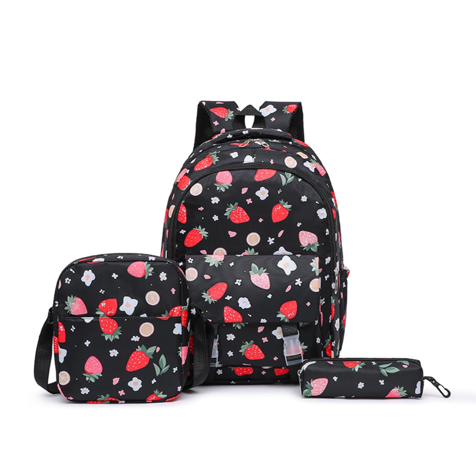 Zaino da Viaggio Set di 3pcs, Carino Strawberry Stampa Azzurro Chiaro Scolastico con Borsa Crossbody & Caso Matita