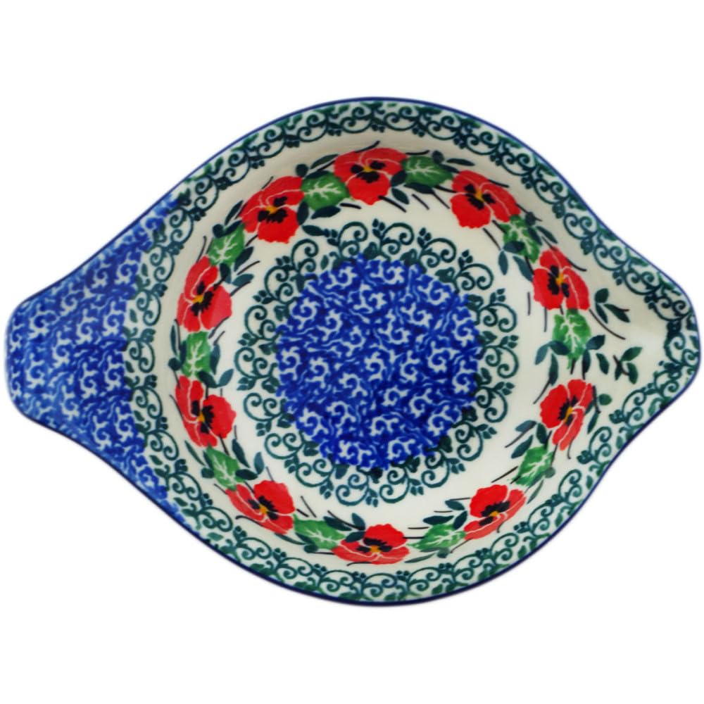 Authentic Polish Pottery Condiment Dish in Red Pansy Design Handmade in Boles?awiec Poland by Ceramika Artystyczna + Certificate of Authenticity