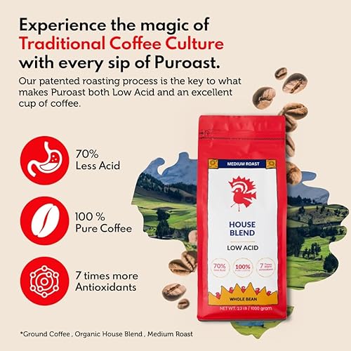Miniatura 7 de Puroast - Café en grano entero bajo en ácido, supremo colombiano, tostado medio, café certificado bajo en ácido, pH 5.5+, salud intestinal, 2.2