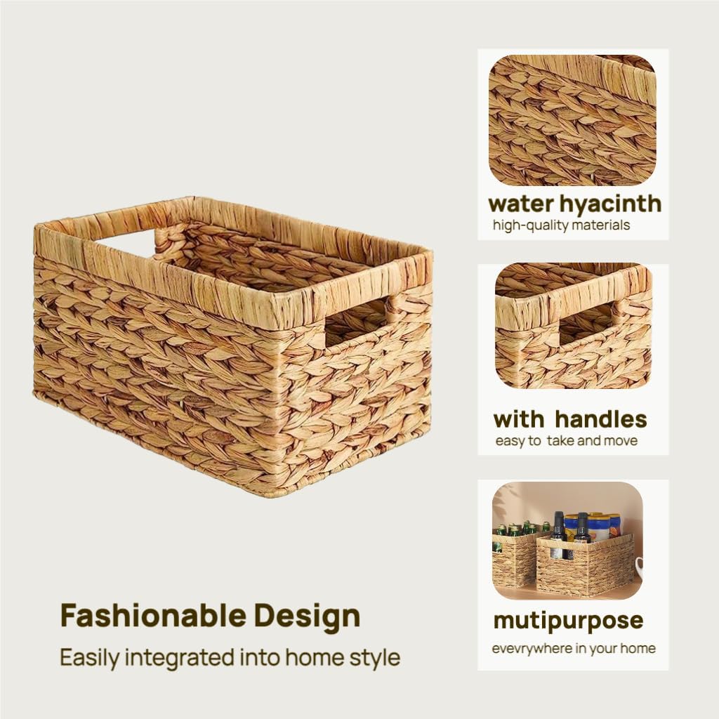 Set of 4 Water Hyacinth Storage Baskets, Handwoven Wicker Bins with Built-In Handles – Pantry & Kitchen Organizer Baskets for Shelves, Bathroom, Living Room Décor