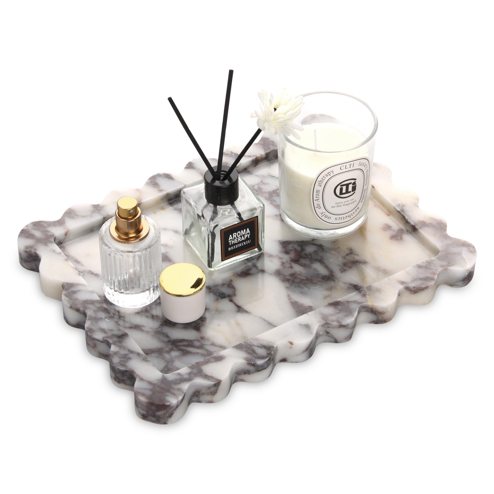 Bandeja de Mármol Natural Ondulada Lujo Bandeja de Baño Organizador para Tocador, Pañuelos, Velas, Toallas, Cosméticos, Cocina, Perfumes, Llaveros (Calacatta Púrpura, 27 x 20 cm)