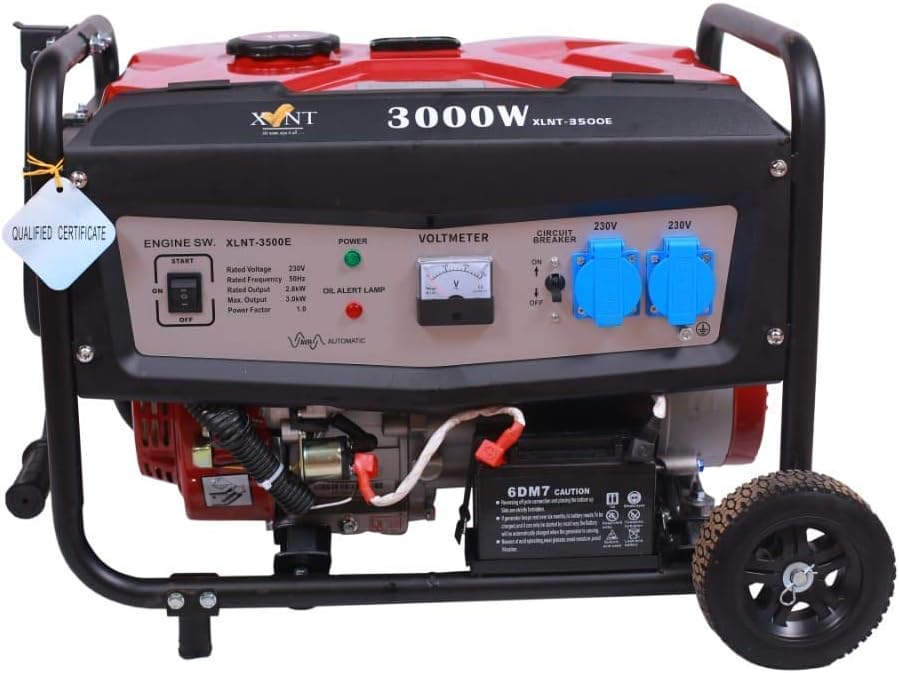 XLNT 3500E 3KW Petrol Generator Light Powered with Self Starter & Wheels Portable Power Solution for Home Outdoor Office Use
