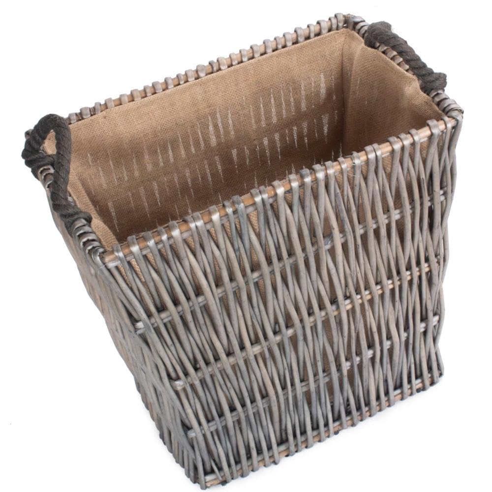 Red Hamper Wicker Grey Rectangular Log Basket - Antique Wash Willow with Hessian Lining & Rope Handles - 56cm Width
