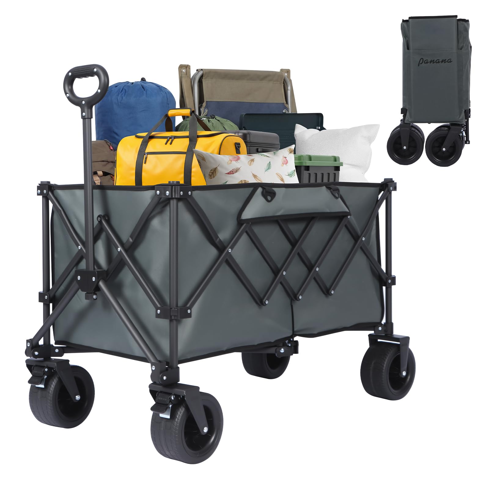 Panana Grey Folding Trolley With Wide Wheels, Foldable Wagon, Portable Camping Cart, Collapsible Trolly With Adjustable Handle, Shopping Trolley Foldaway For Easy Storage (, 230L)