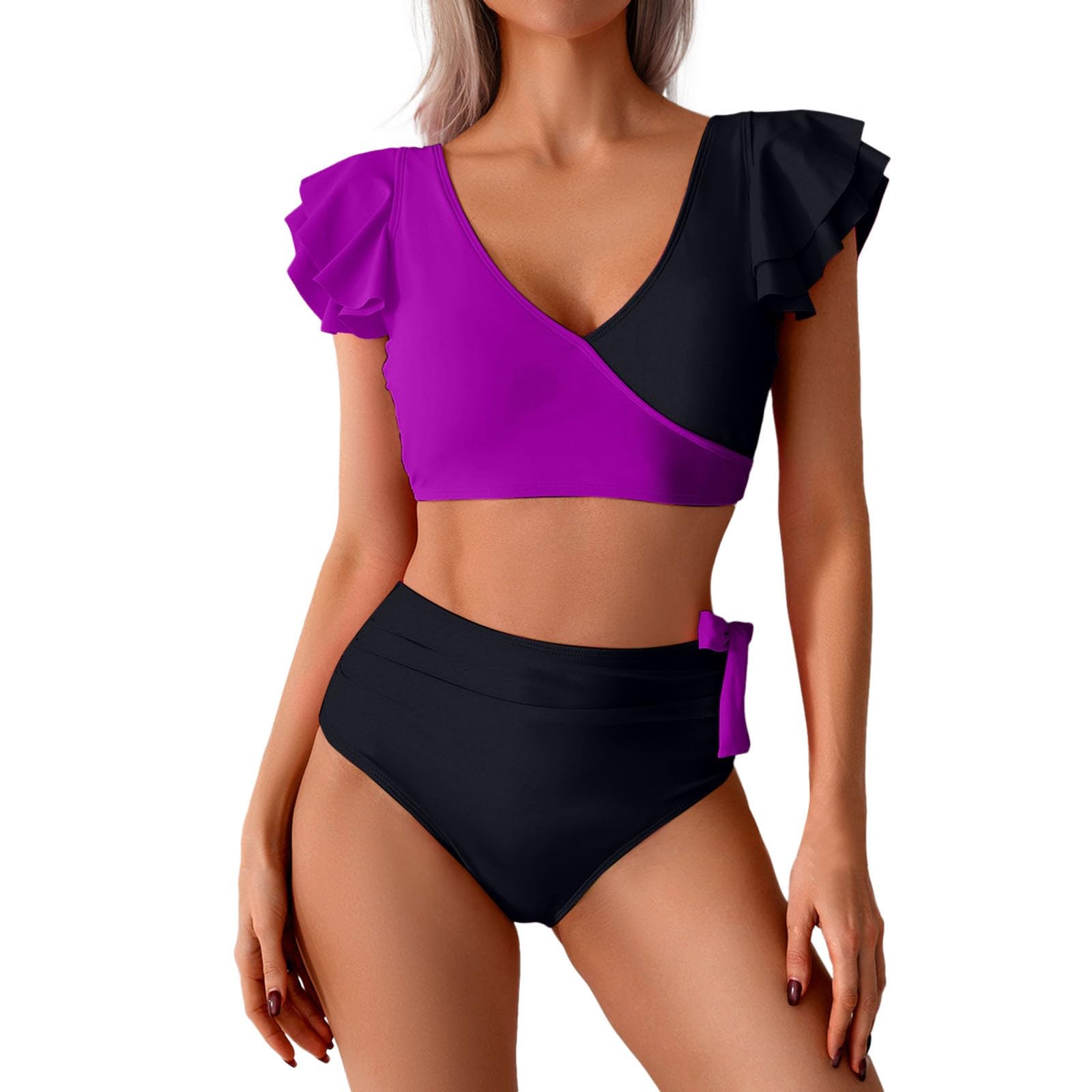 Bikinis para mujer, bikini sexy dividido con mangas en V altas y profundas, conjunto de dos piezas, rosa, L