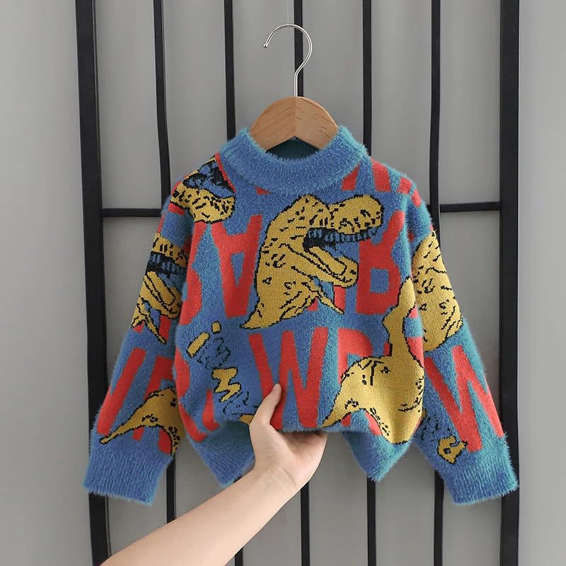 Bold N Elegant Dinosaur Kids Knitted Wool Full Sleeve Warm Sweater Pullover Cardigan for Infant Toddler Baby Boys (Blue, 6-7 Years) - Image 2 thumbnail