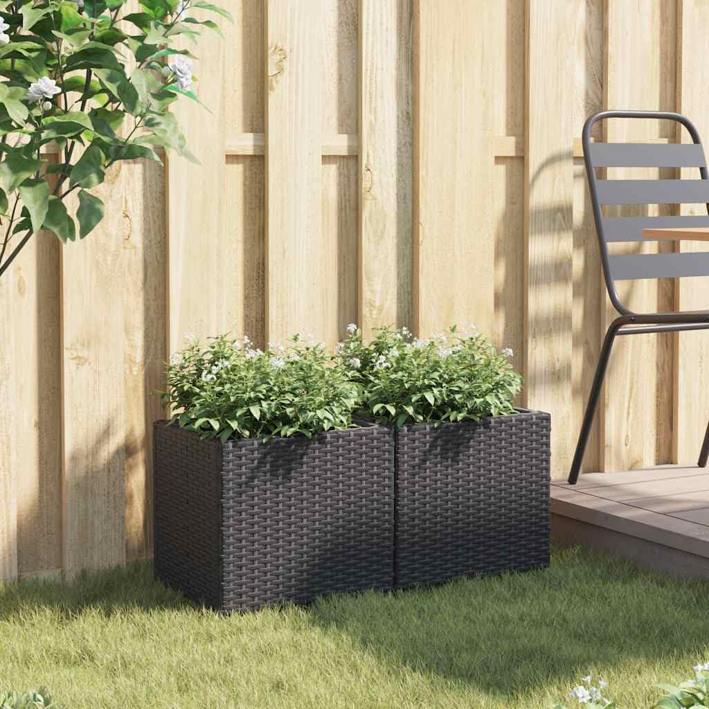 Donice ogrodowe 2 szt czarne polirattan 36x30x32 cm skrzynki na kwiaty zewnętrzne wytrzymałe na warunki atmosferyczne zestaw dekoracyjny do ogrodu balkonu tarasu