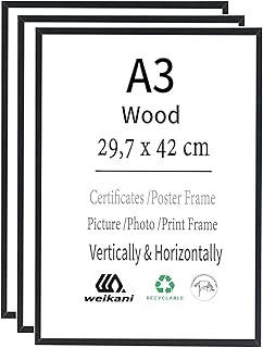 Weikani Lot de 3 cadres photo A3 noirs, 29,7 x 42 cm, cadre photo en bois, cadre pour certificat, cadre avec plexiglas pou...