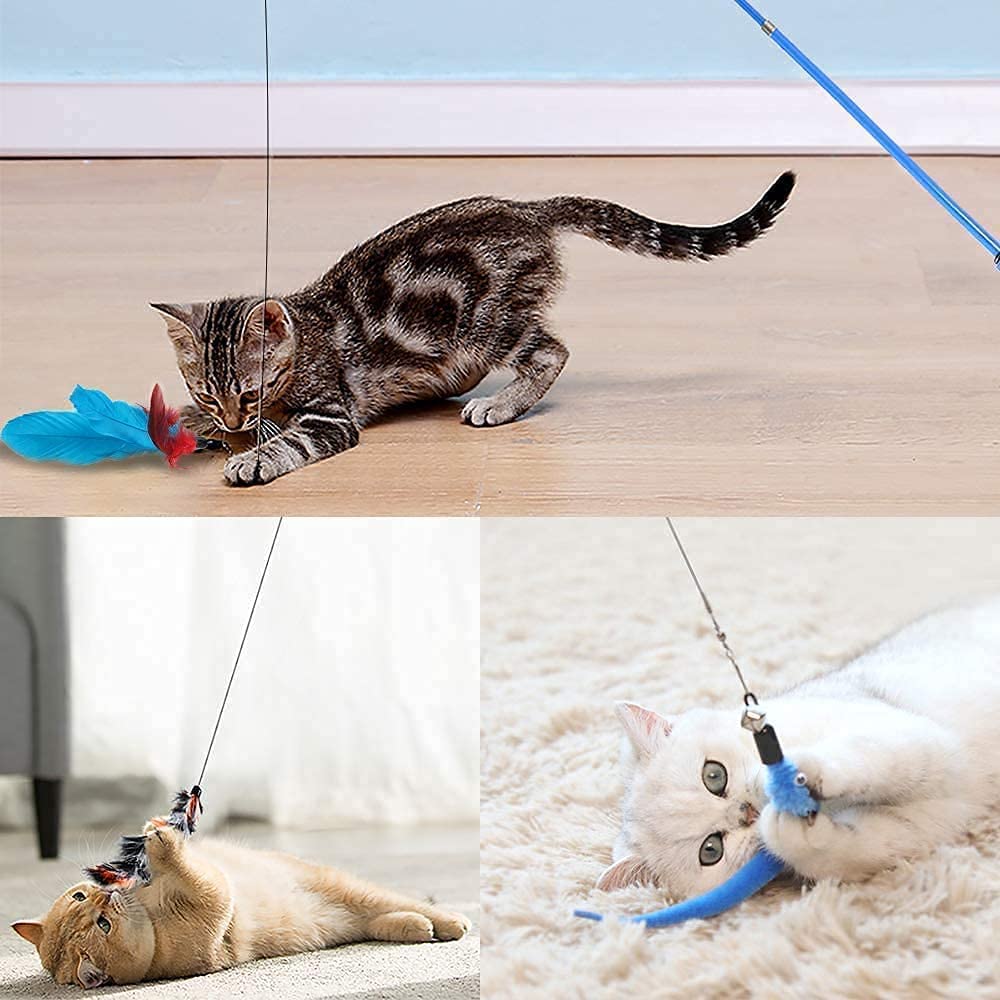 Fariox Feather Teaser Cat Toy, 1 Pcs Retractable Interactive Cat Teaser Rods, 10 Pcs Replacement Colorful Feather Refills with Bells, Feather Dangler Funny Exercise for Indoor Cat Kitten Catcher 4