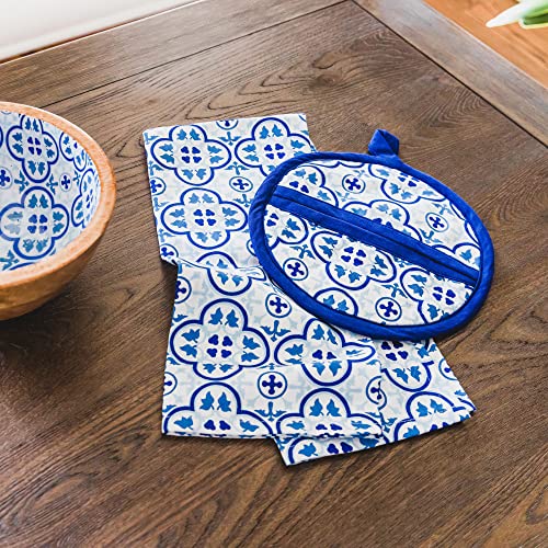 Mary Square Moroccan Blue Pattern 18 X 26 All Cotton Tea Towel And Potholder Set #TOP5