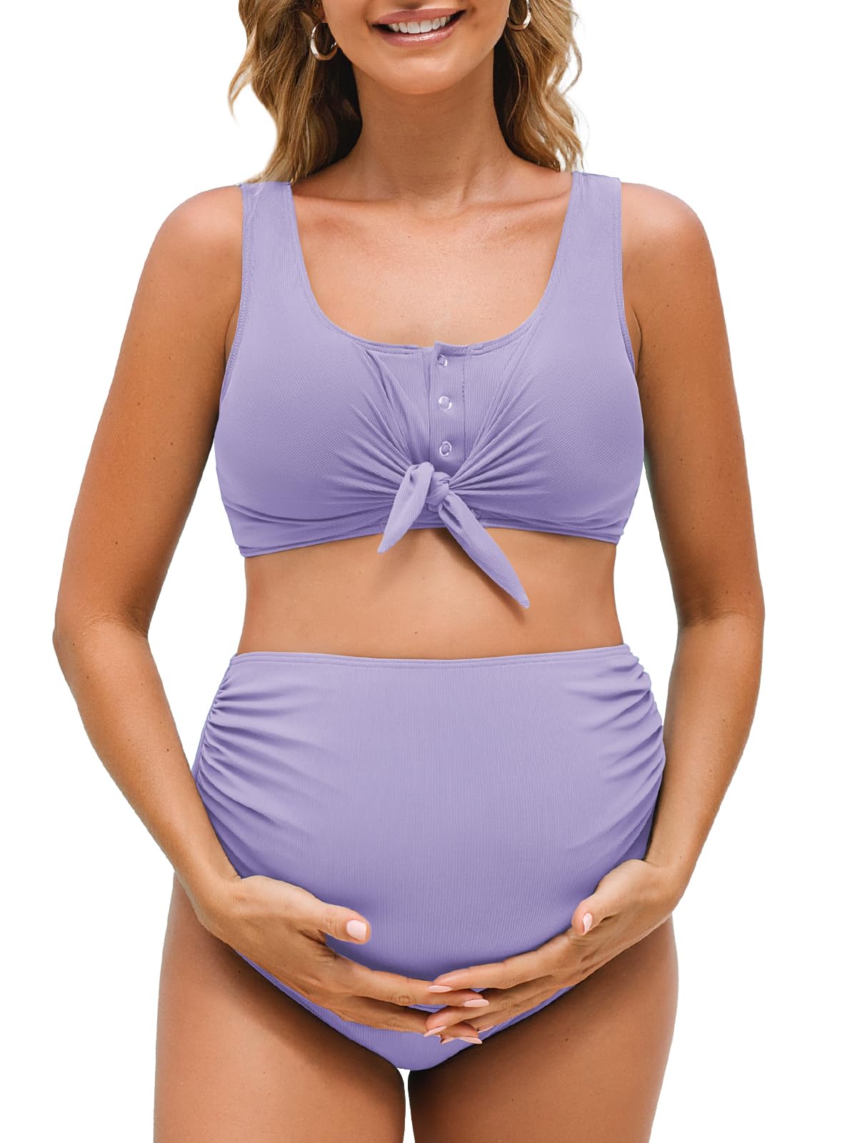 Summer Mae Schwangerschafts-Badeanzug, gerippt, zweiteilig, vorne mit Knoten, bauchfreies Top, Bikini, hohe Taille, Schwangerschafts-Badeanzug