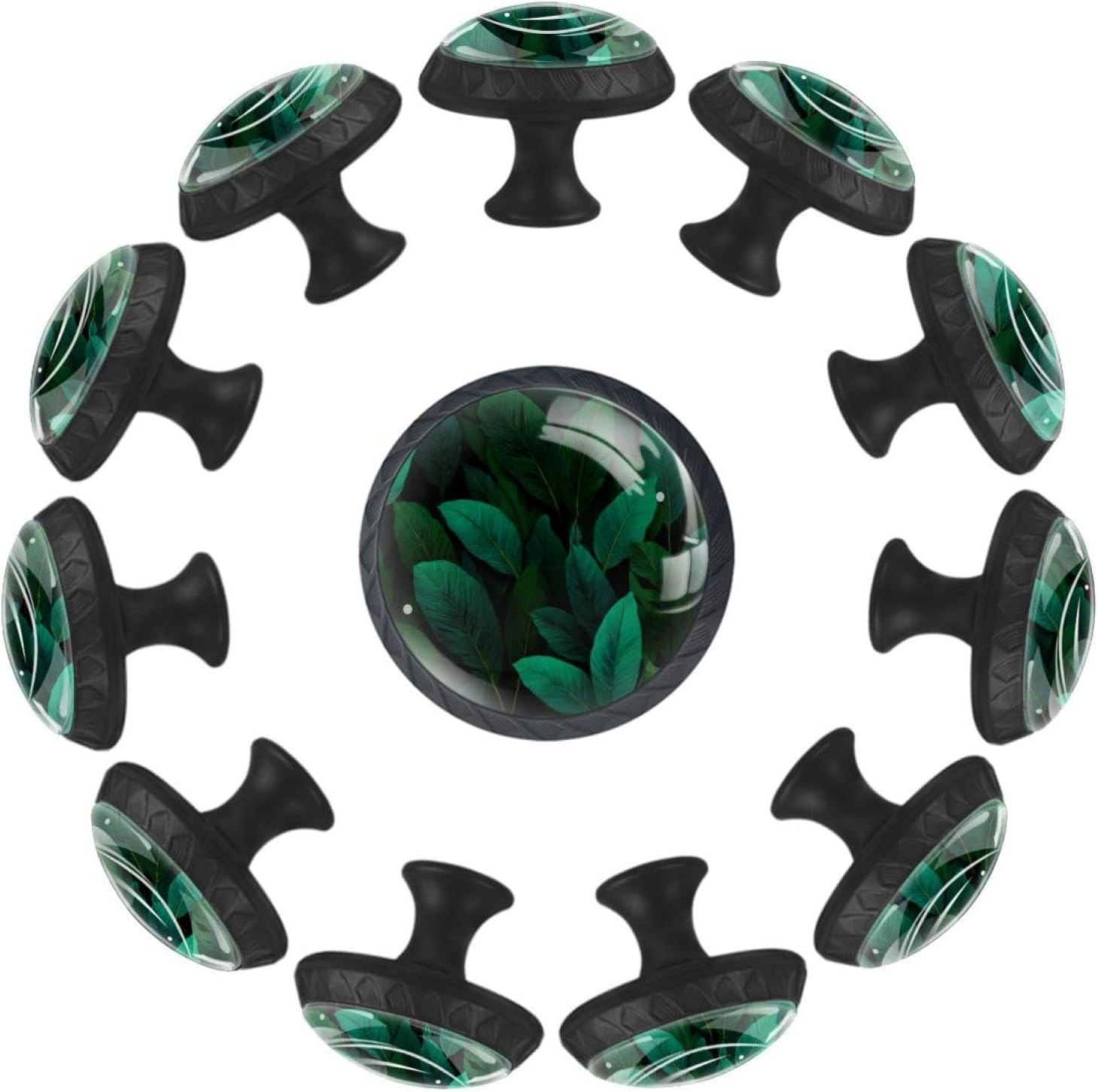 Black Tropical Green Leaves Pattern Indoor Cabinet Knobs, Decorative Glass Pulls for Drawers and Cabinets