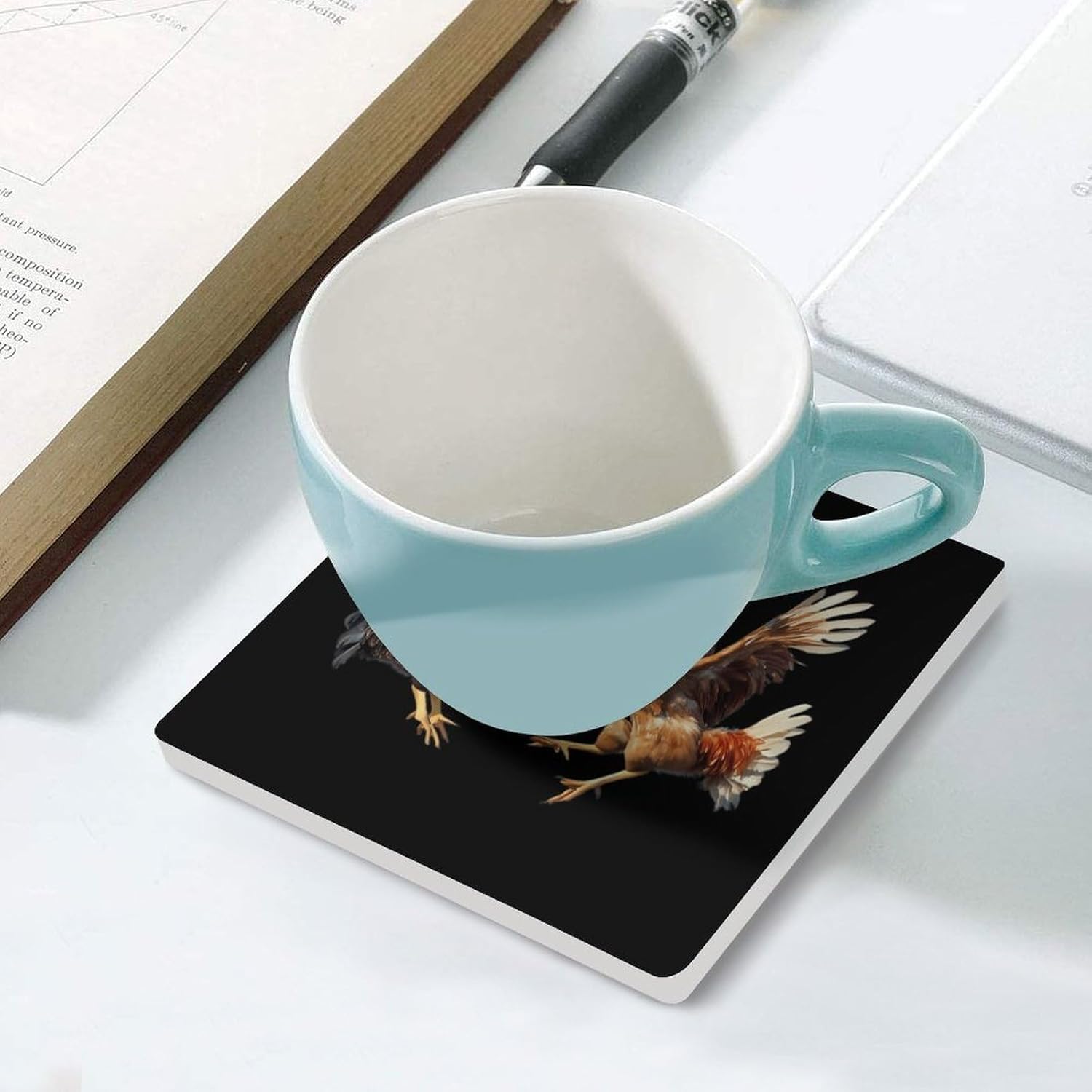 Two Chickens Fighting Funny Ceramic Coasters for Drink Absorbent Cup Holders Tabletop Protection