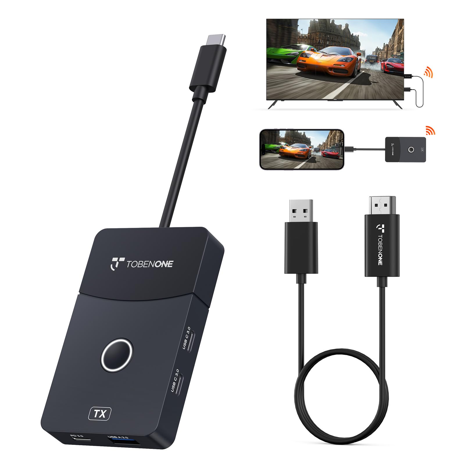 TobenONE USB C Wireless HDMI Transmitter and Receiver, Wireless Display Adapter 3 USB Ports, 4K HDMI, PD 3.0, Type C Hub 100Ft/30m, 2.4G/5G Dual-Band Video Streaming Kit for Laptop, Phone, TV, Monitor
