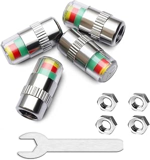 KURAMI Tire Valve Stem Caps,Tire Pressure Caps 32 PSI 2.2 Bar TPMS Tire Pressure Monitor Sensor Indicator 3 Color Eye Alert 4Pcs with Wrench&Nuts