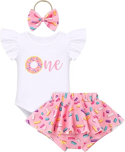 IMEKIS Traje de 1er cumpleaños para bebé niña con estampado de girasol y durazno + pantalones cortos con volantes + diadema para sesión de fotos de